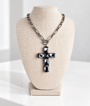 Chic & Chic Silver Paper Clip Smokey Gray Glass Stone Cross Necklace New